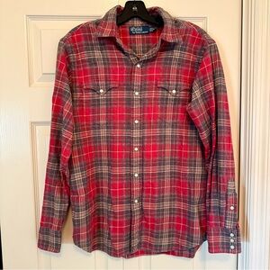POLO RALPH LAUREN WESTERN PEARL GRAY RED PLAID FLANNEL WORK SHIRT M Medium